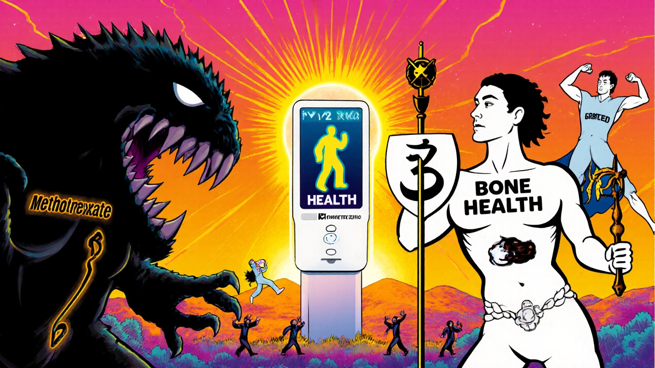 A battle between a bone-crushing monster and a bone-health hero with a DEXA scan as a glowing center.