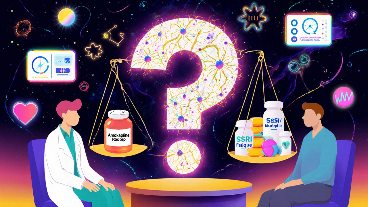 A doctor and patient balancing a vial of Amoxapine against modern antidepressants under a glowing question mark.