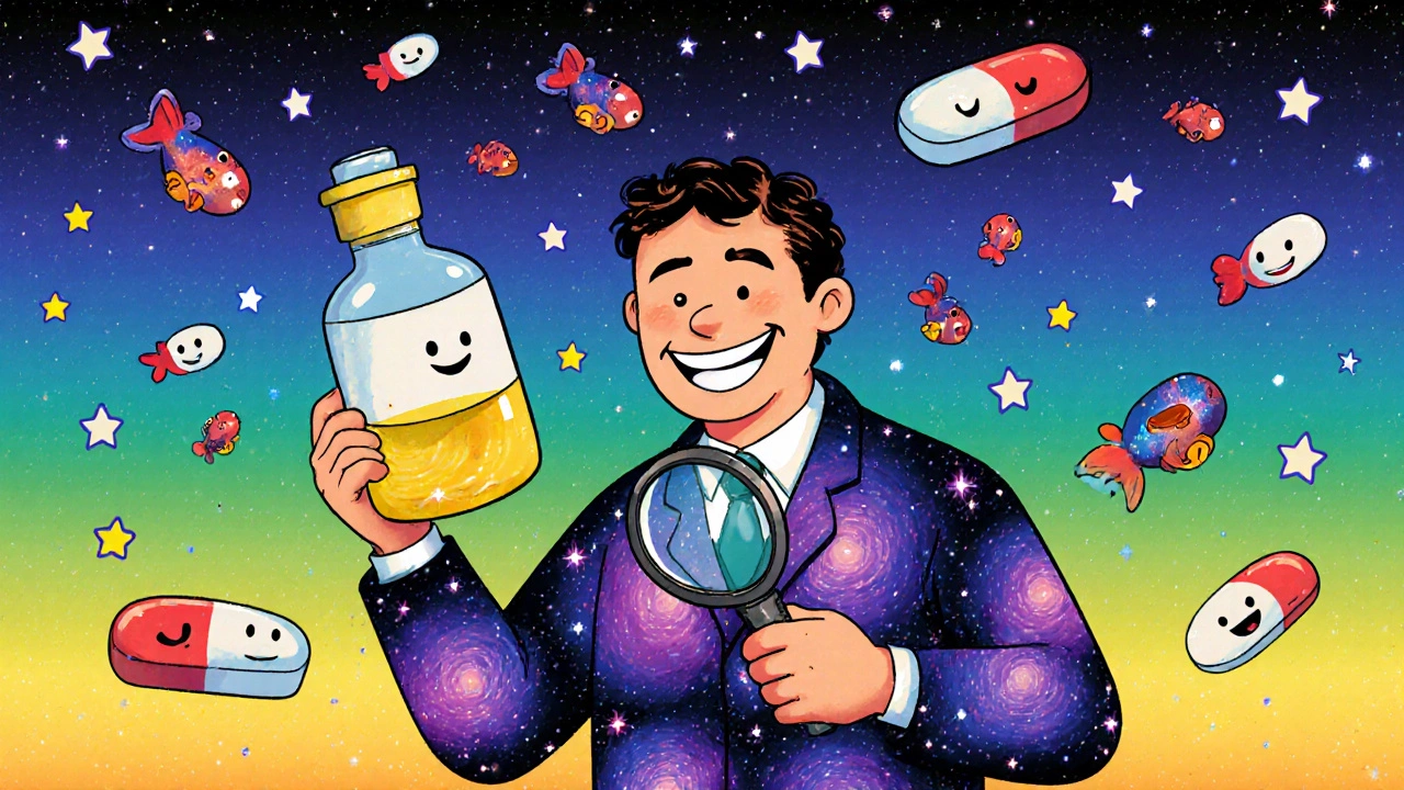 A doctor using a magnifying glass over fish oil and aspirin with smiling platelets dancing nearby.