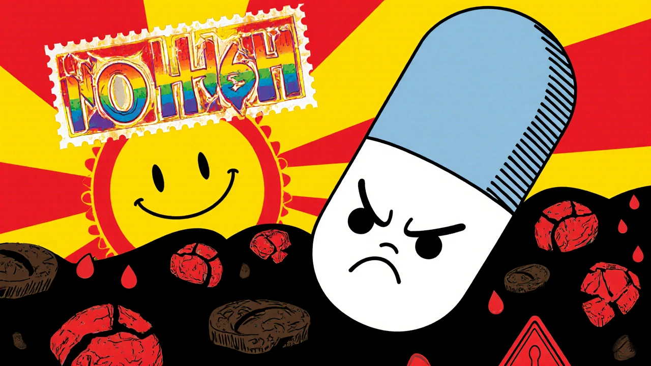 A frowning pill warning sign with muscle damage symbols, topped by a rainbow &#039;NO HIGH&#039; stamp and a hopeful sun.