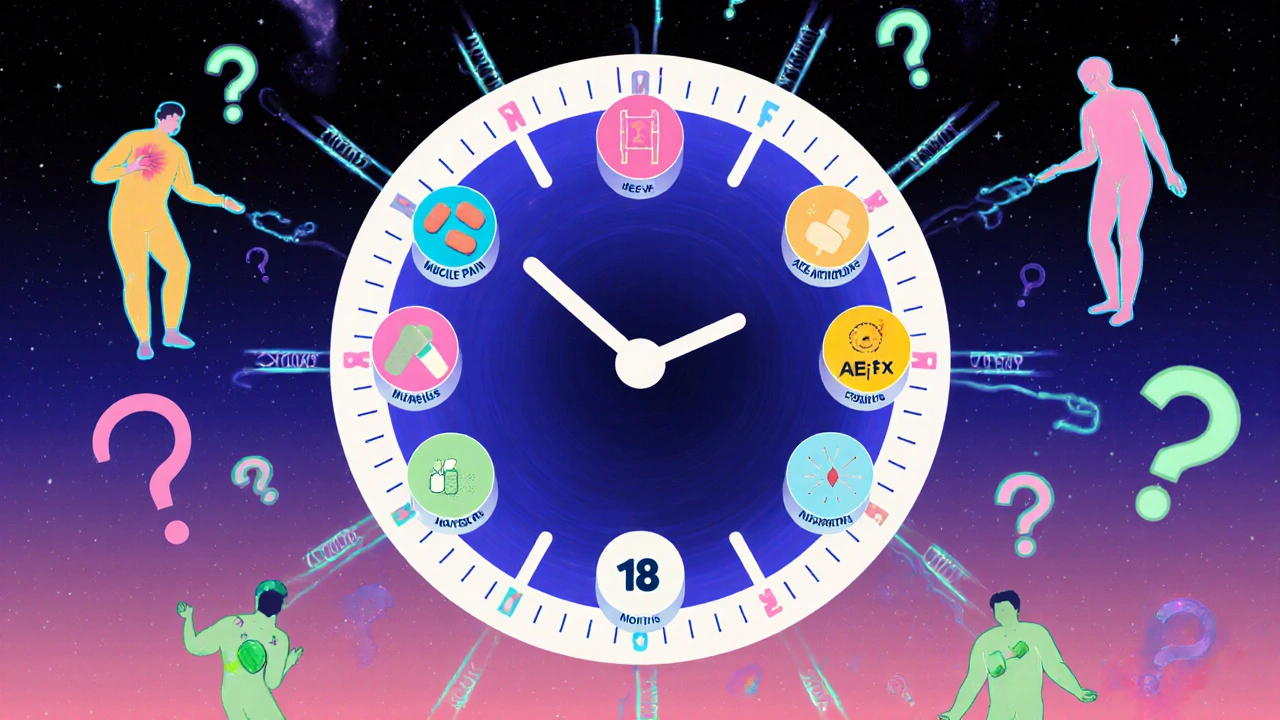 A giant clock with drug icons on its hands, pointing to different time periods as abstract symptoms float around it.