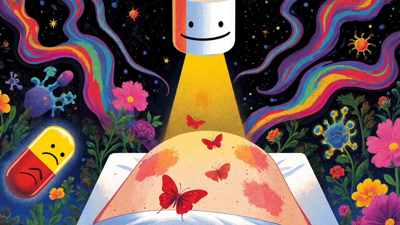 A giant quetiapine pill shines light on a patient, turning psoriasis into butterflies, while aripiprazole falls away in a rainbow cosmic scene.