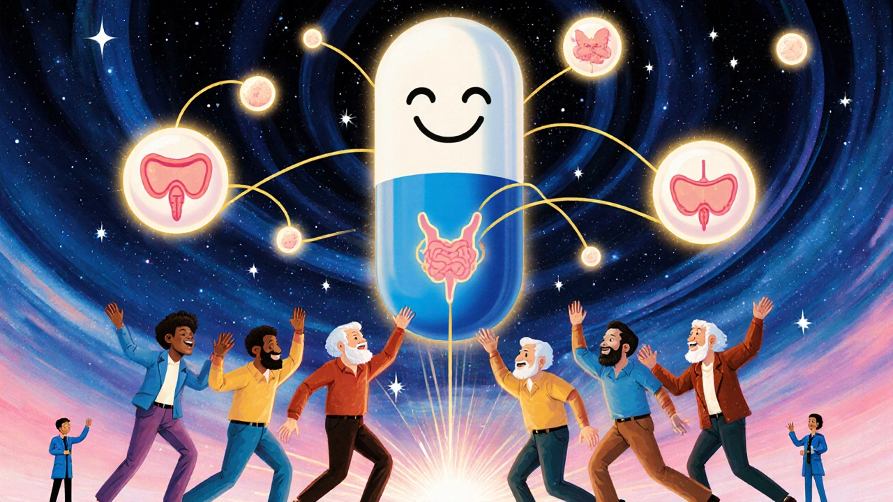 A group of older men dancing under a starry sky, connected by golden threads to a giant Udenafil pill in a psychedelic cosmic scene.