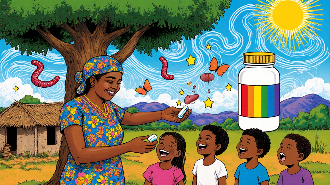 A health worker gives albendazole pills to children in a vibrant village, with parasites turning into butterflies under a rainbow sky.