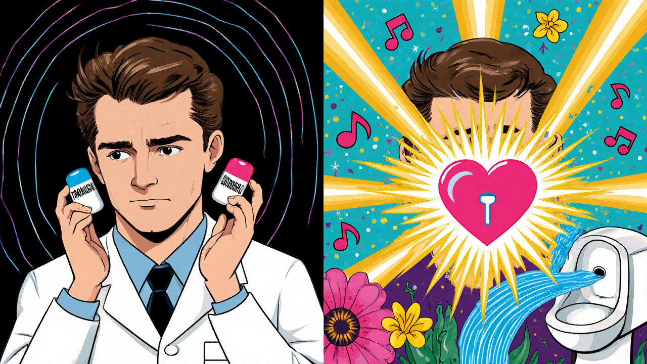 A man in a doctor’s office split between two worlds: one with two pills and dark tones, the other with one pill and radiant light.