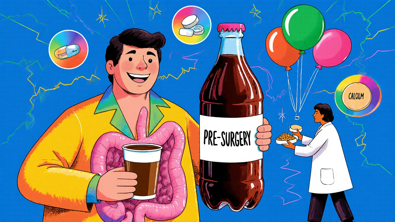 A patient receiving liquid meds and crushed pills from pharmacists, with oversized drug icons and glowing pH levels.