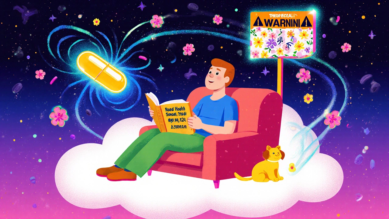 A patient relaxing as fish oil and aspirin capsules float peacefully beside them in a vibrant aura.