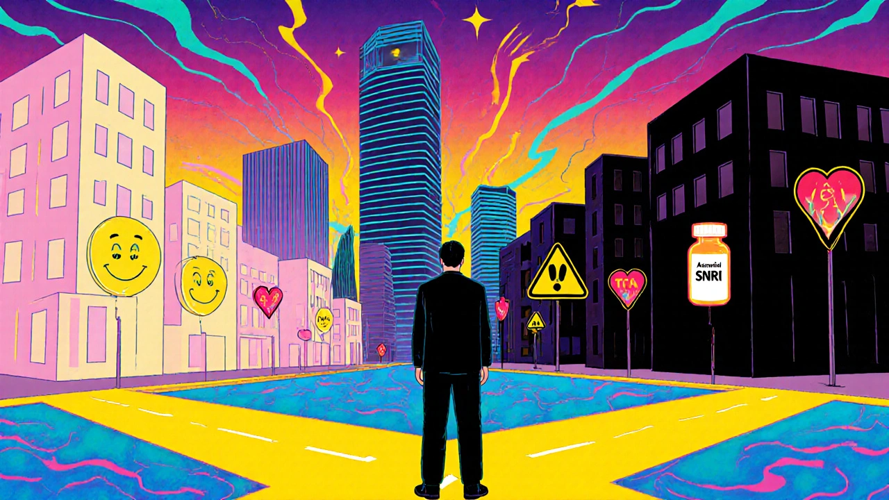 A person at a crossroads with three surreal paths symbolizing SSRI, SNRI, and Amoxapine treatments.