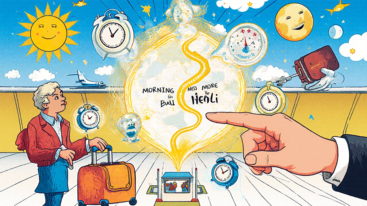 A person carrying medication safely through an airport, with floating clocks and a map showing safe dosing windows.