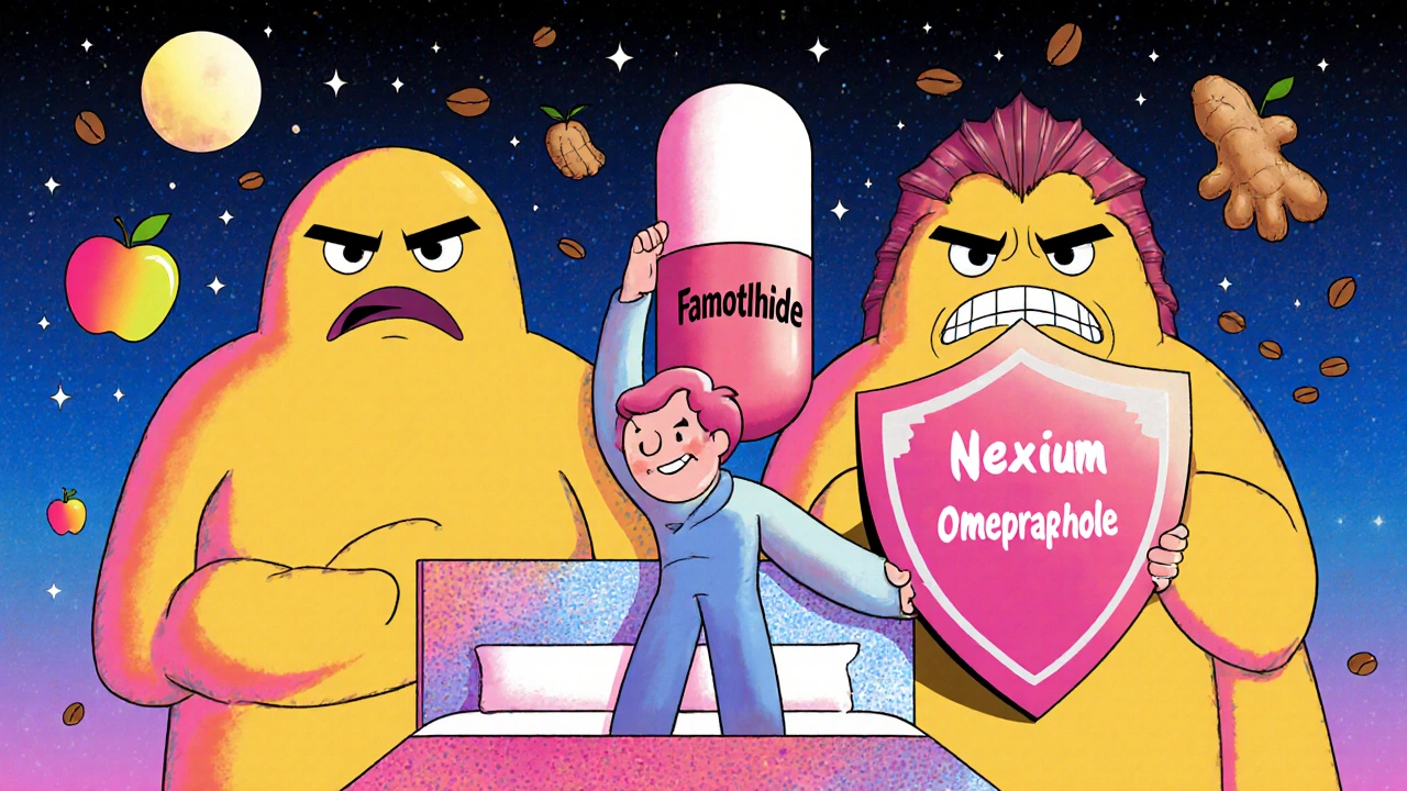 A person holding a famotidine pill as a shield, standing between PPI monsters, with elevated bed and trigger foods floating away.