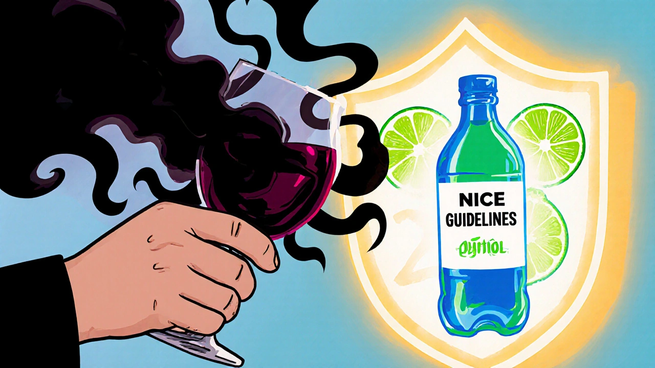 A person rejecting alcohol with a shield of safety, replacing it with calming sparkling water.