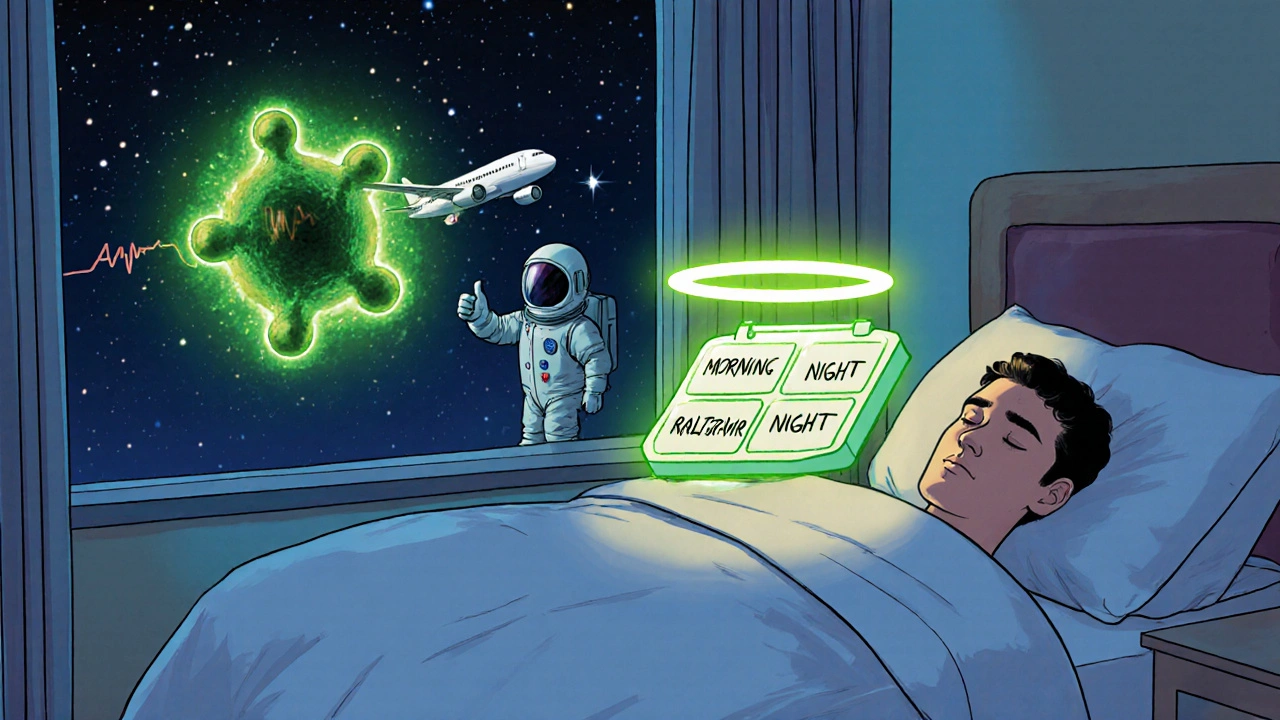 A person sleeping peacefully with a glowing pill organizer, protected by a molecular halo under a starry sky.