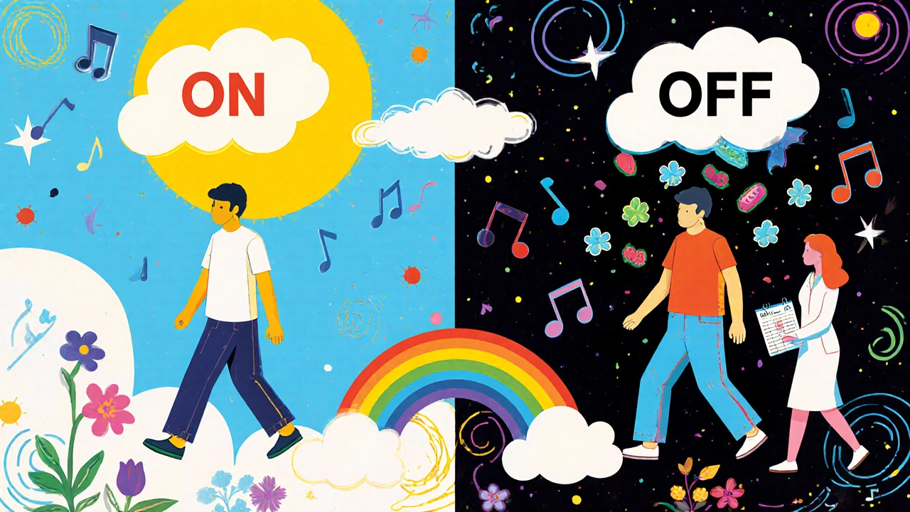 A person walking freely under sunlight while another is stuck under a dark cloud, with protein raining down, guided by a dietitian.