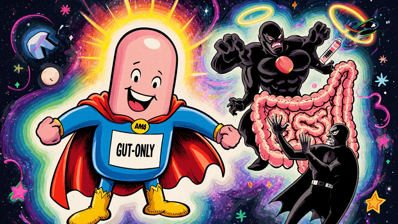 A superhero PAMORA pill fighting opioid villains in the gut, with medical allies in vibrant, cosmic illustration style.