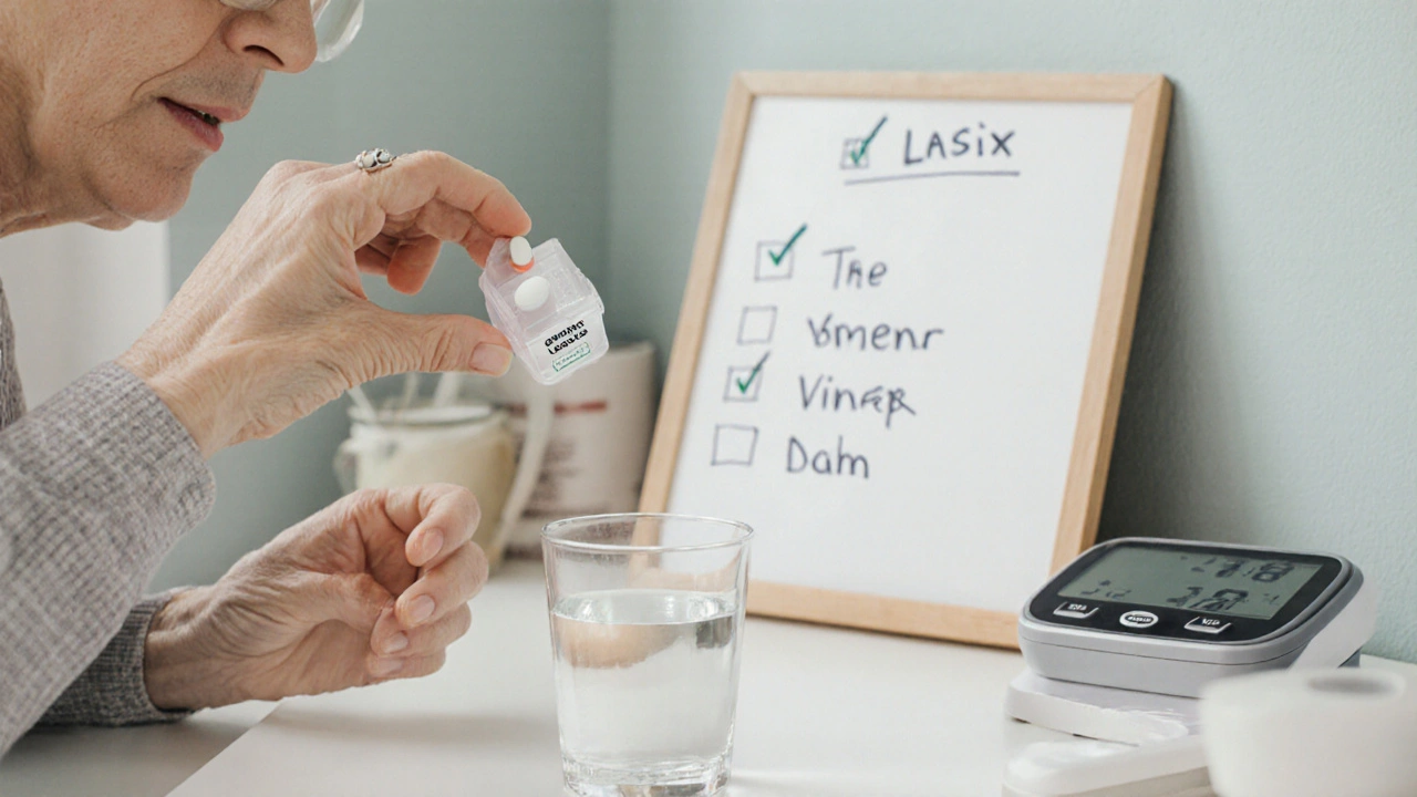 Adult taking generic Lasix with water, organizer, and health monitoring tools.