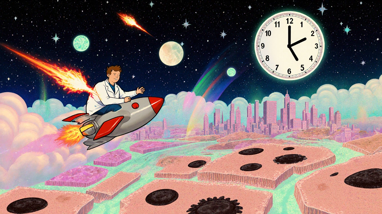 Adventure scene with vitamin C rocket traveling through pigment cells and sunscreen shields in psychedelic Peter Max style.