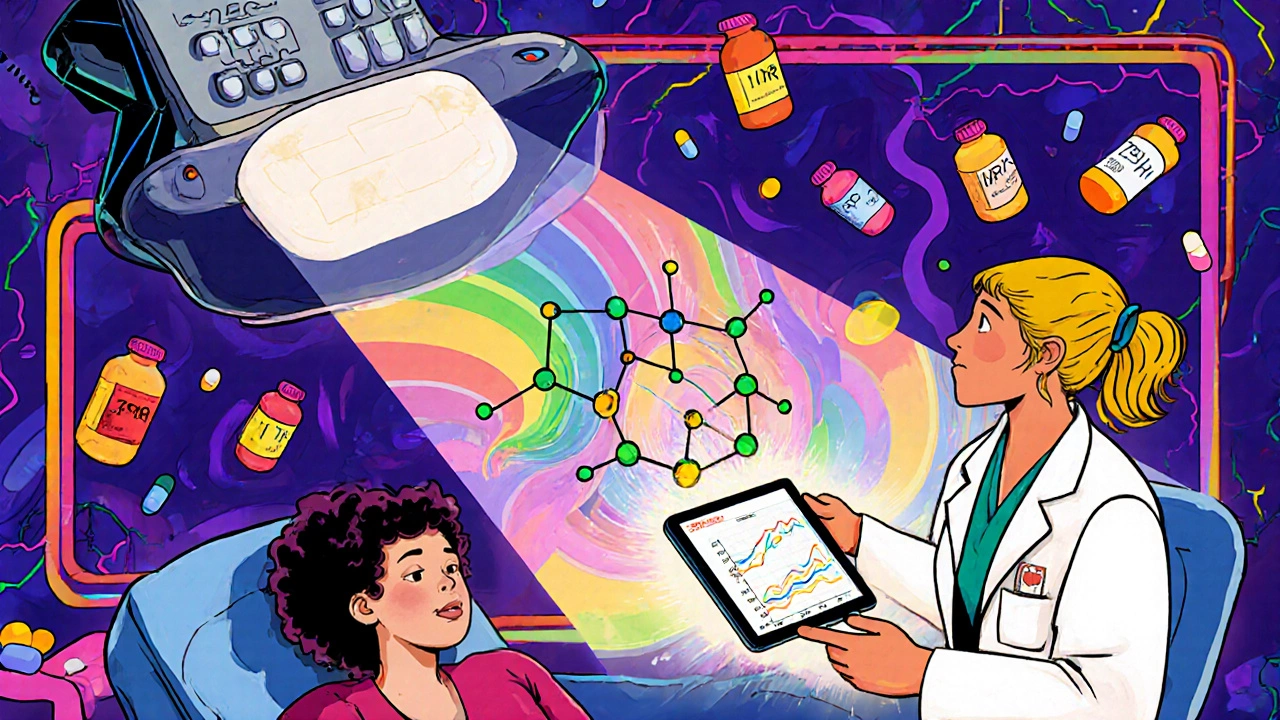 An AI calculator projecting medication doses over a patient, surrounded by rainbow pills and medical graphs.