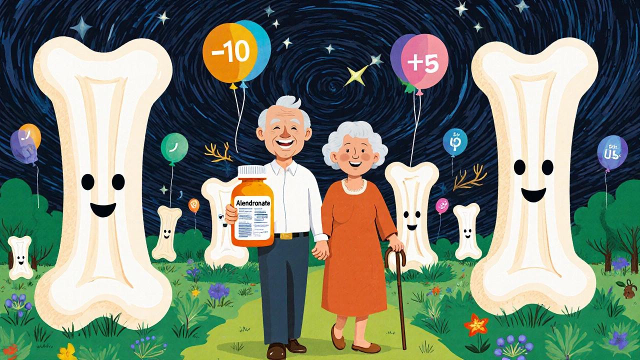 An elderly couple walking in a park with bone-shaped trees, smiling milk cartons, and floating T-scores as balloons.