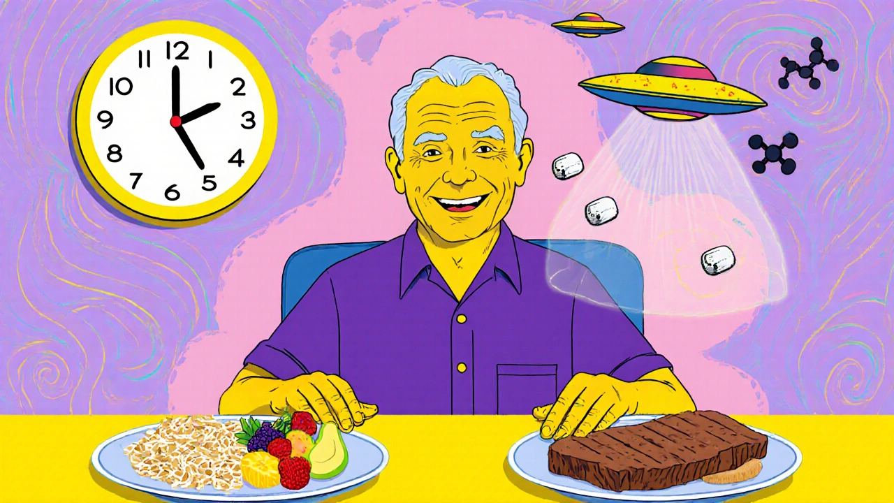 An elderly person at a table with low-protein breakfast and high-protein dinner, levodopa pills floating above, in vibrant cartoon style.