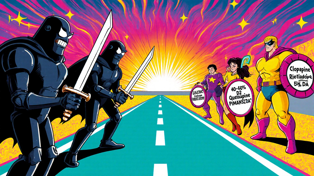 Cartoon battle shows risky antipsychotics as dark robots and safe drugs as bright superheroes.