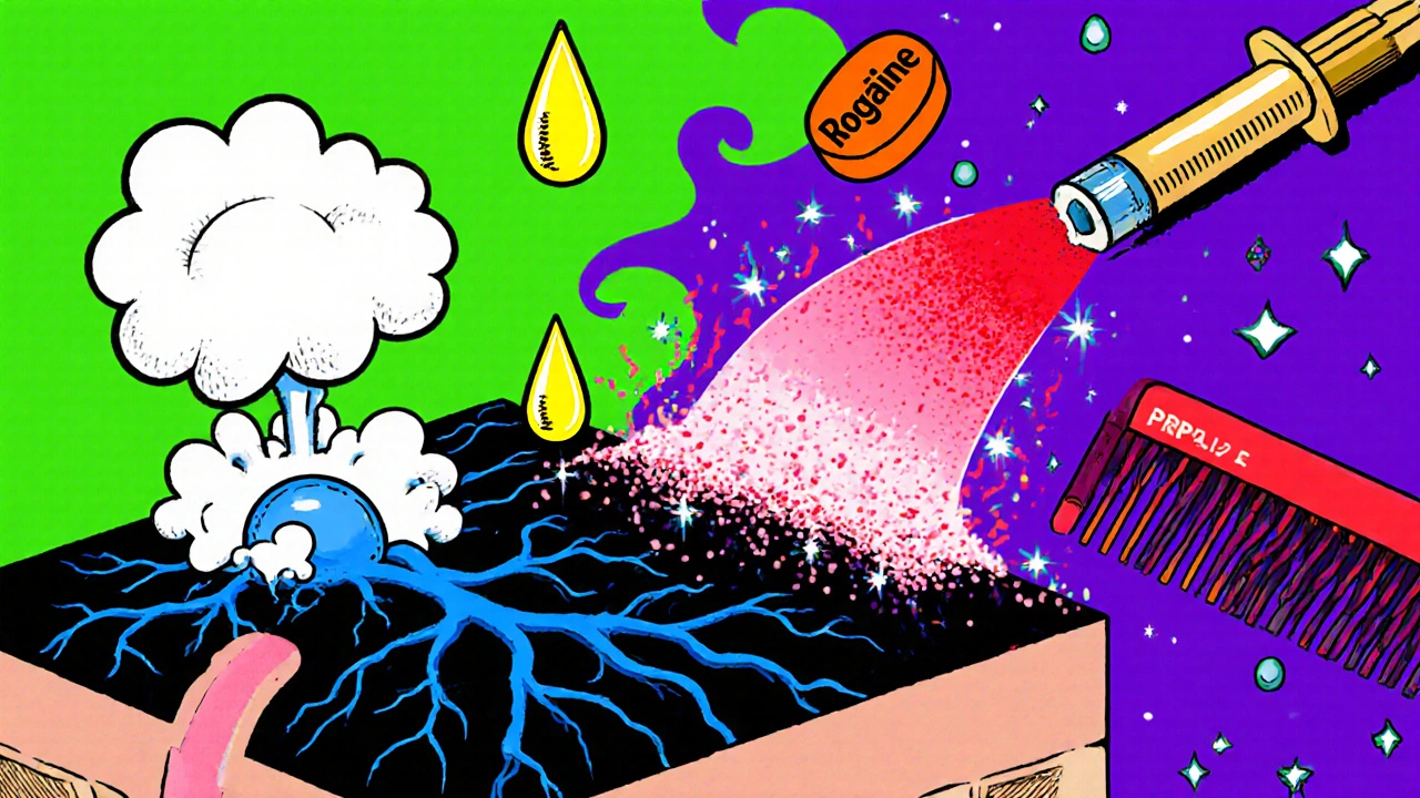 Cartoon cross‑section of scalp showing how Tugain, Rogaine, Propecia, laser, and PRP work.