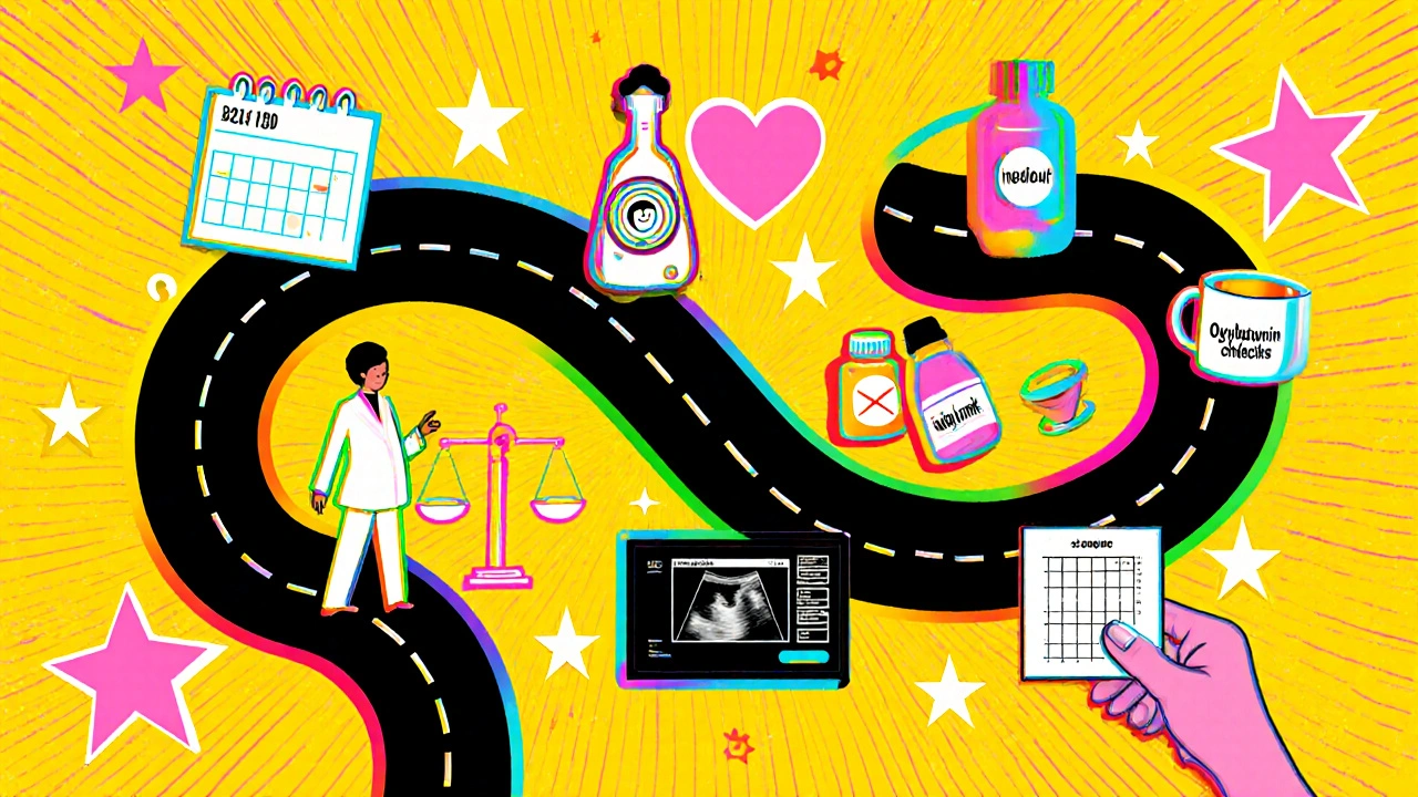 Cartoon decision pathway showing pregnancy steps from early confirmation to lifestyle changes and monitoring.