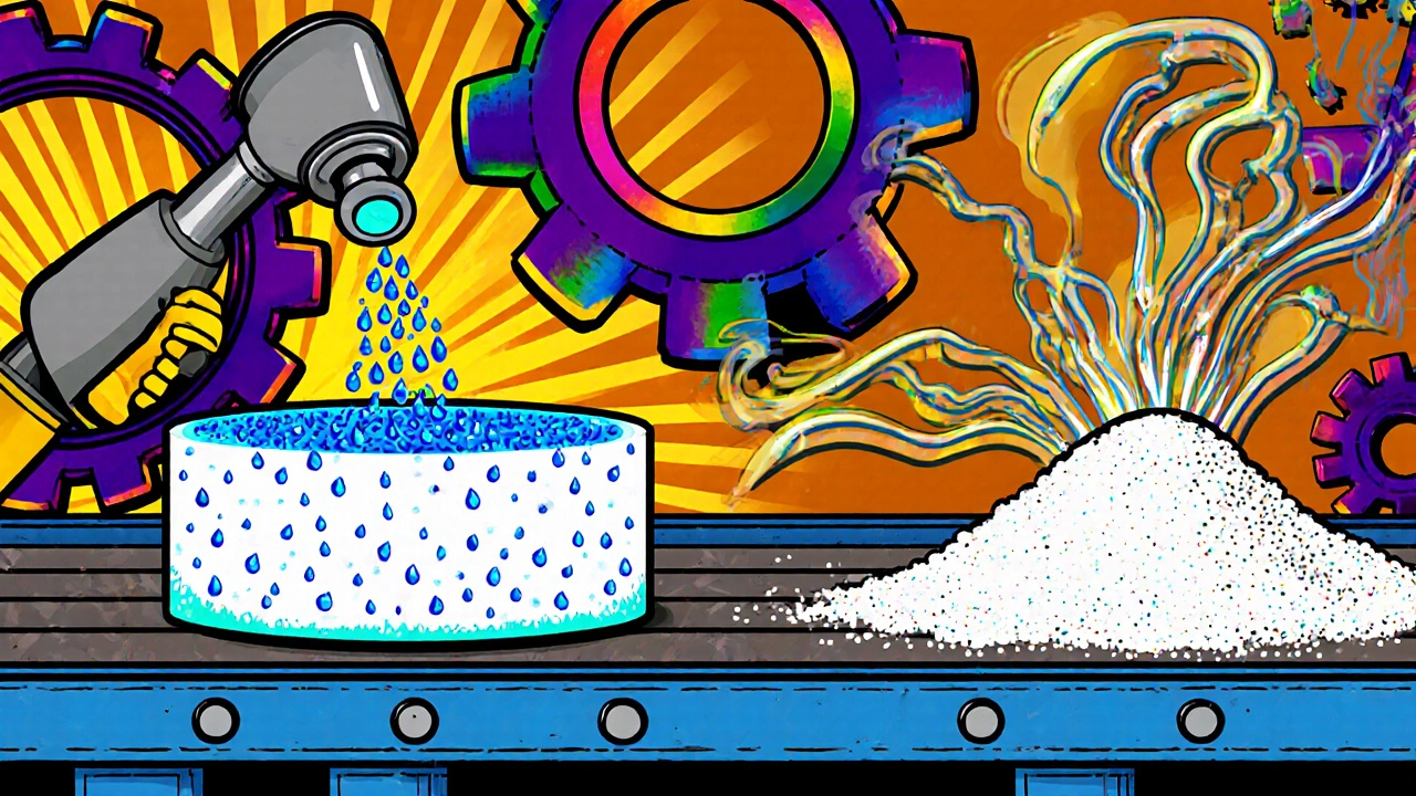 Cartoon factory line showing a pad core being sprayed with blue antimicrobial mist and white zinc oxide powder.