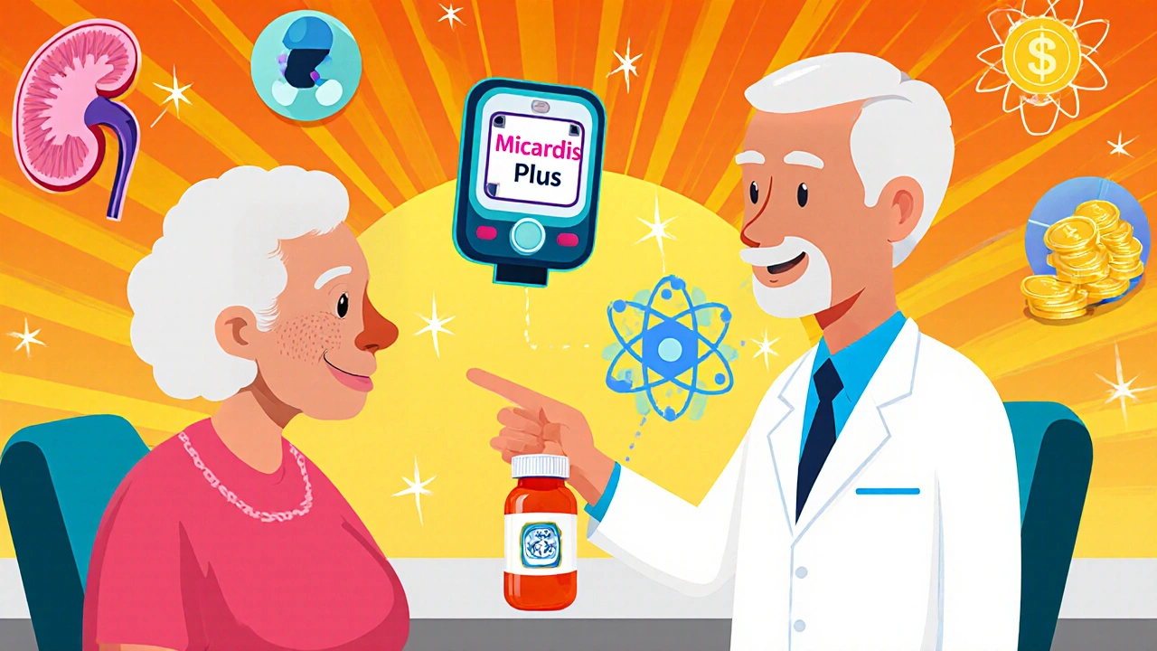 Cartoon of an older patient and doctor discussing Micardis Plus with icons for kidneys, electrolytes, and cost.