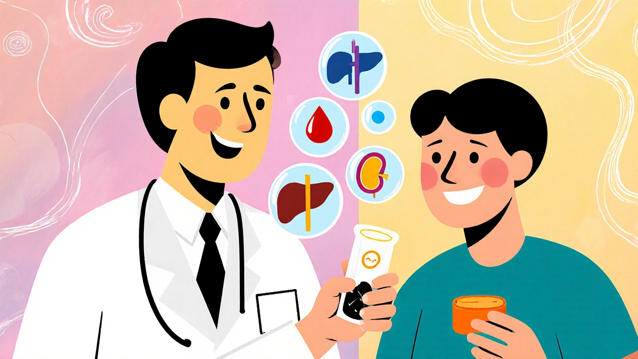 Cheerful doctor and patient discussing treatment with pill and floating lab icons.