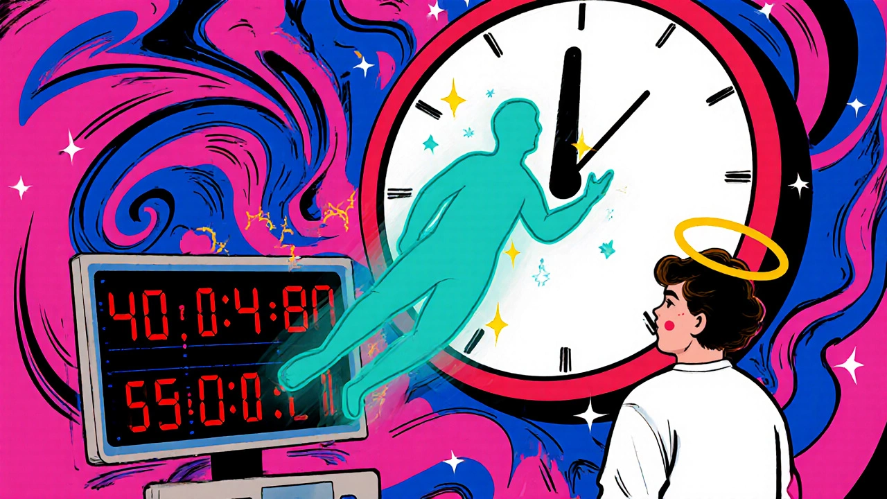 Clock at 40 minutes shows dissociation and BP spike with dreamy visuals and monitor readings.