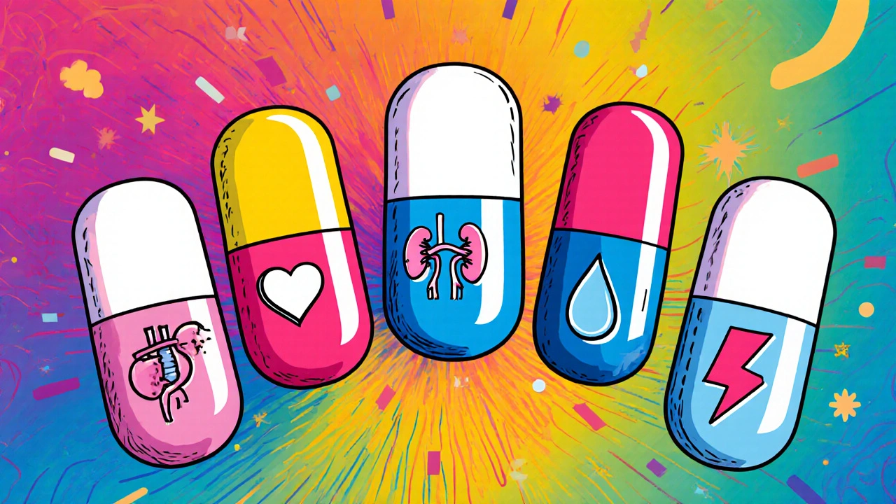 Colorful cartoon of five hypertension pills with icons representing their mechanisms and side effects.