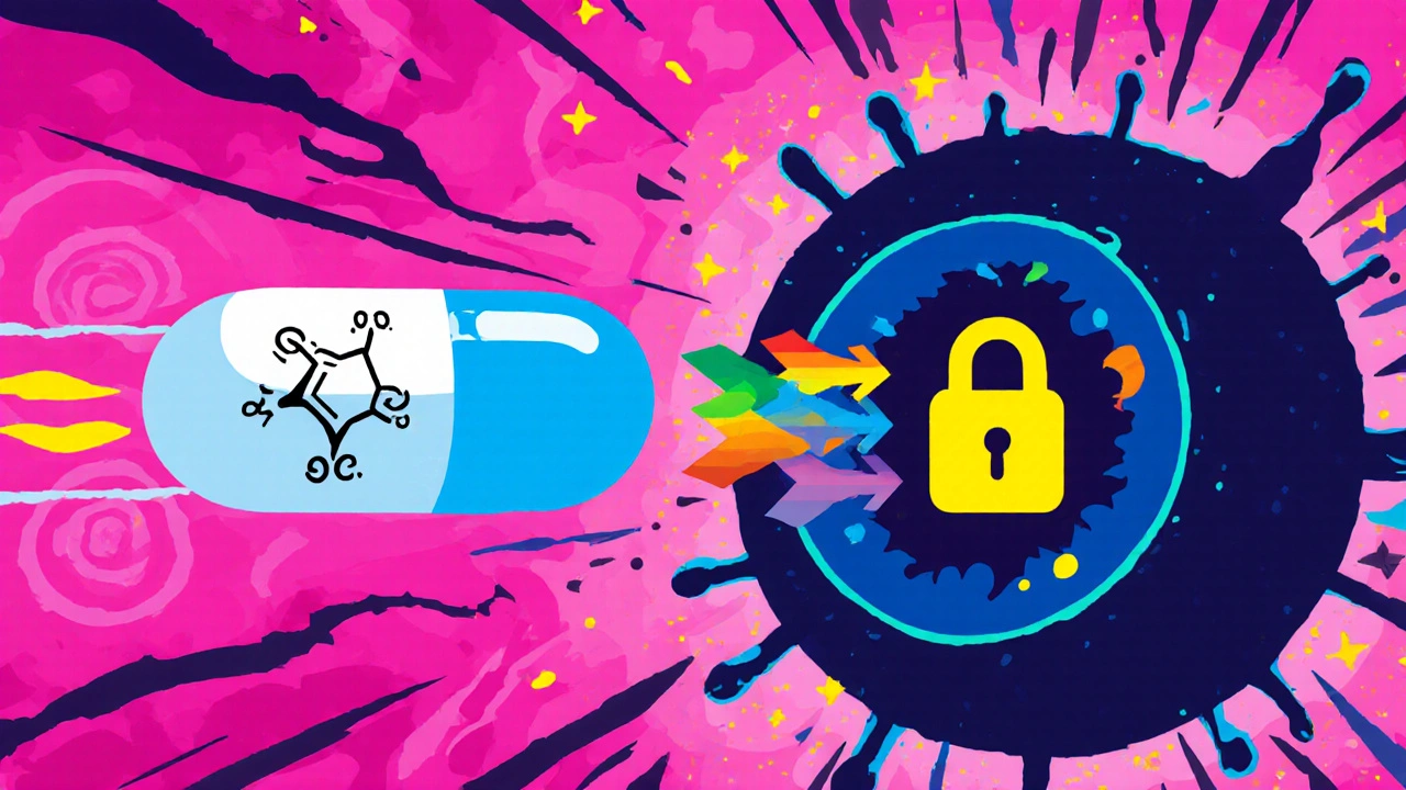 Colorful illustration of a pill blocking JAK signaling inside a stylized cell.