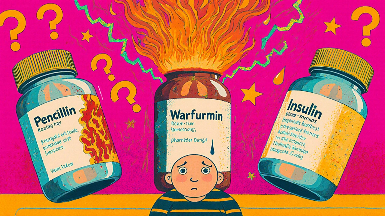 Colorful medication bottles emitting dangerous energy waves at a pharmacy counter.