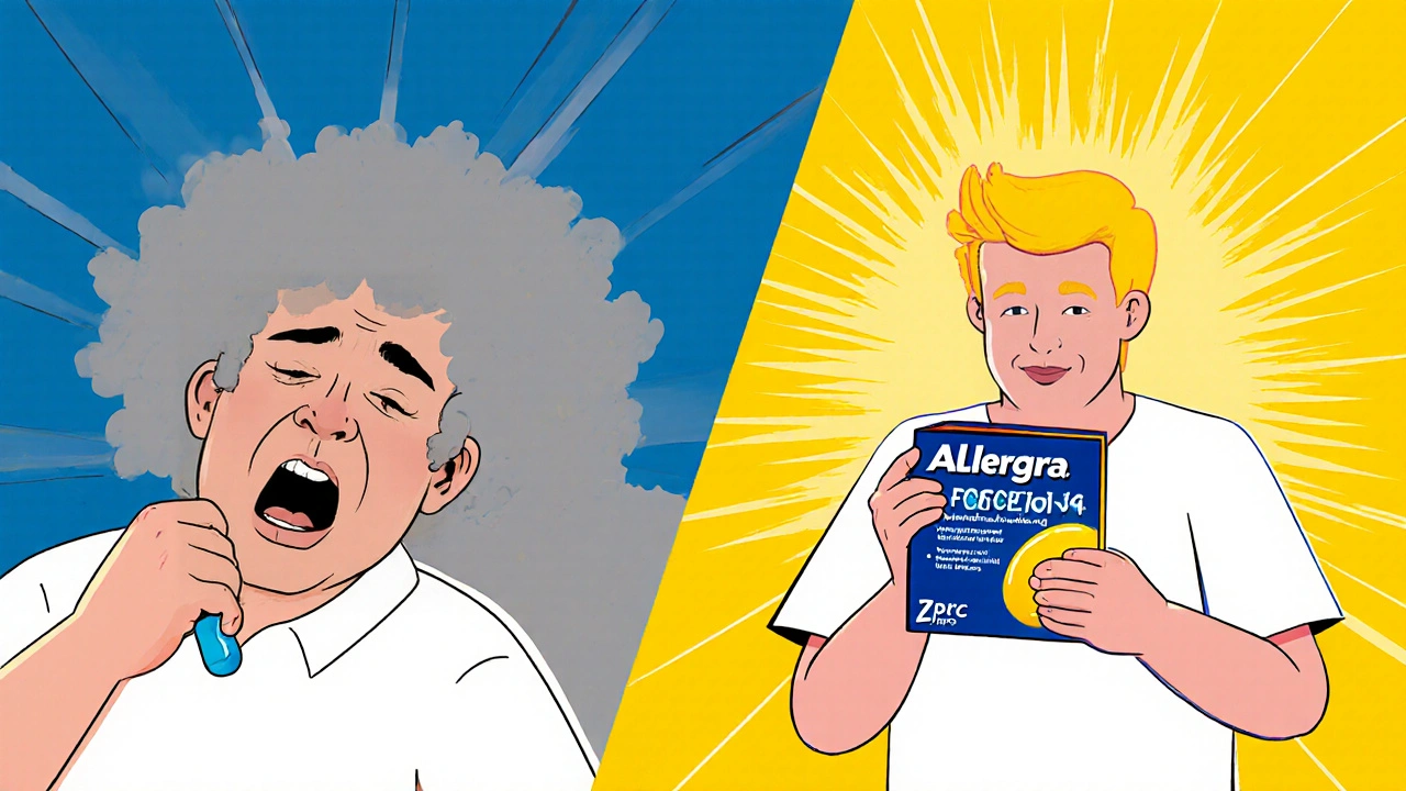 Contrasting figures of drowsy Zyrtec user vs. alert Allegra user in vibrant cartoon style.