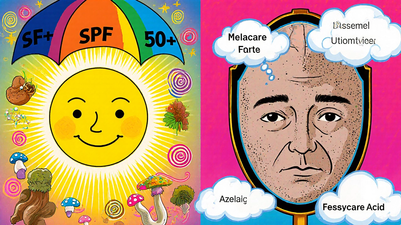 Contrasting peaceful natural skin care elements against stressed skin under Melacare Forte in vibrant Peter Max style.