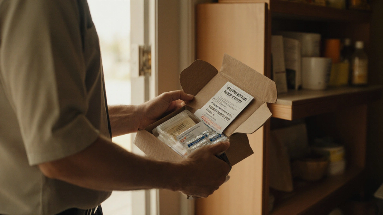 Courier delivering a box of acetaminophen tablets to a doorstep.
