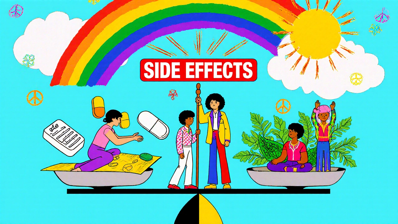 Diverse people on a side effects scale, some weighed down by pills, others uplifted by wellness symbols in colorful cartoon style.