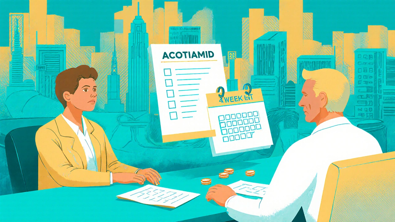 Doctor and patient reviewing checklist and acotiamide tablets, hopeful mood.