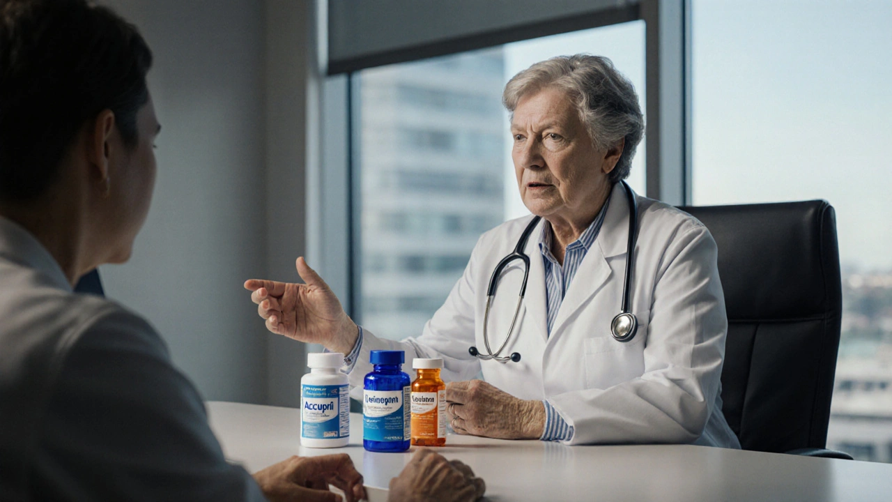 Doctor discussing medication options with patient, showing three pill bottles.