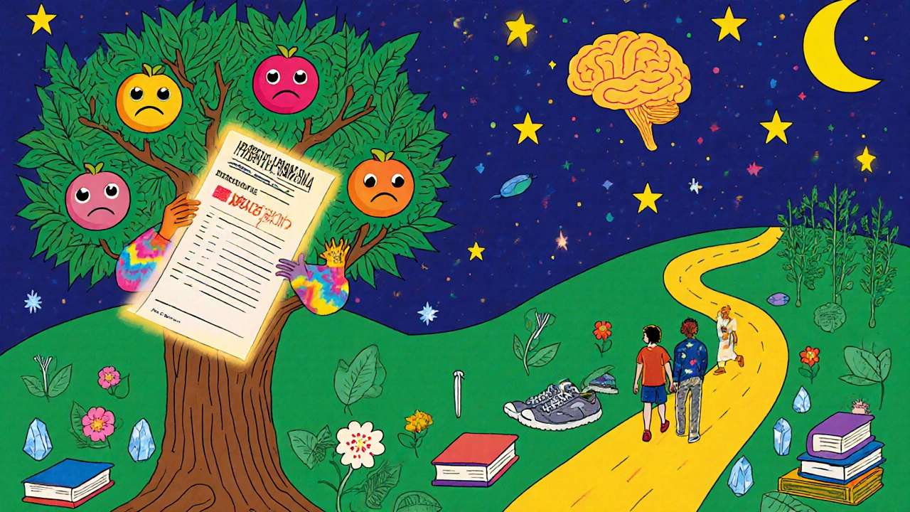 Doctor holding a prescription tree with alternative treatments as fruits and vines, patients walking toward wellness under a brain-shaped sky.