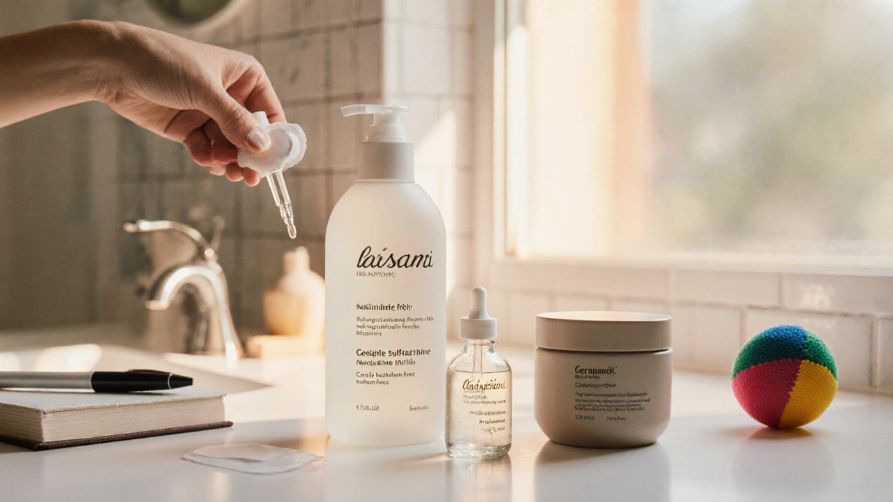 Evening bathroom scene with gentle skincare products, silicone patch, and stress ball.