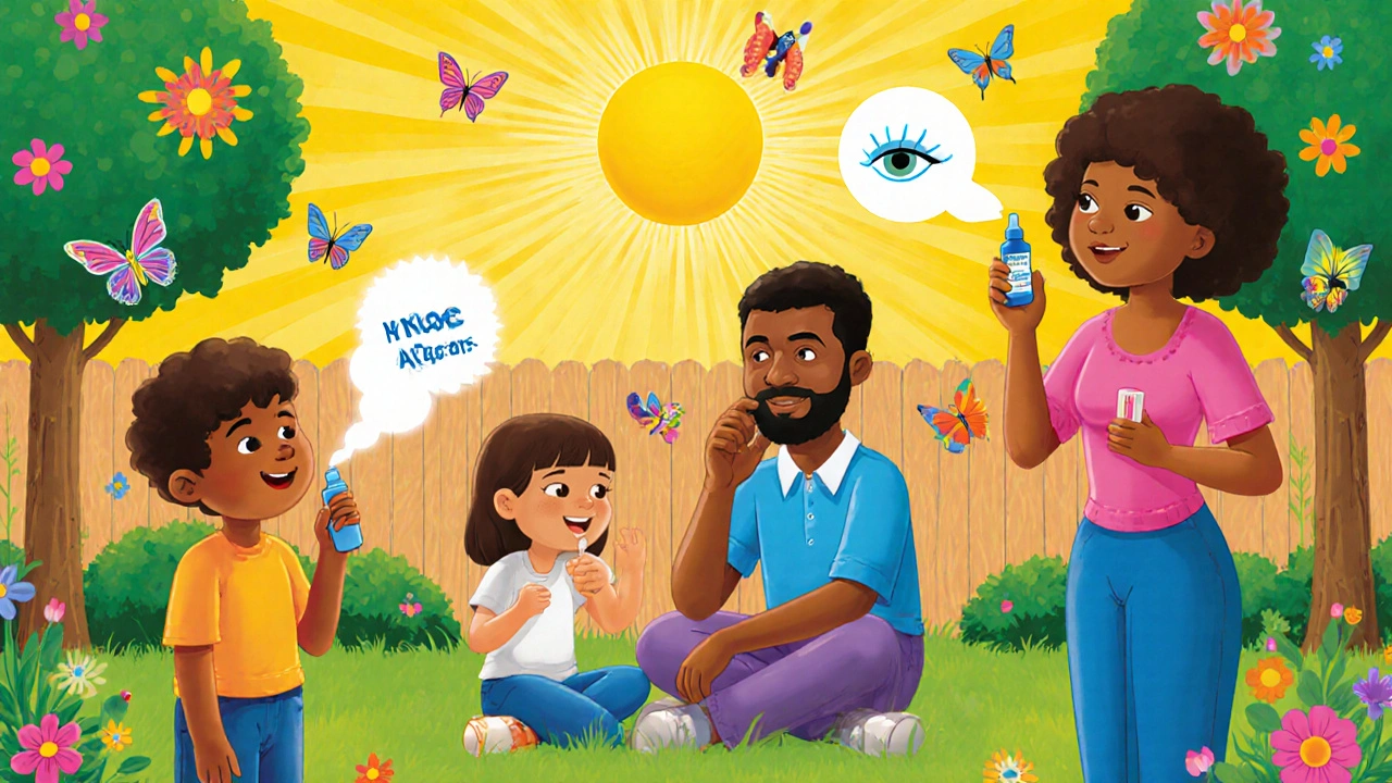 Family using Allegra, nasal spray, and eye drops together in a sunny, colorful allergy-safe scene.