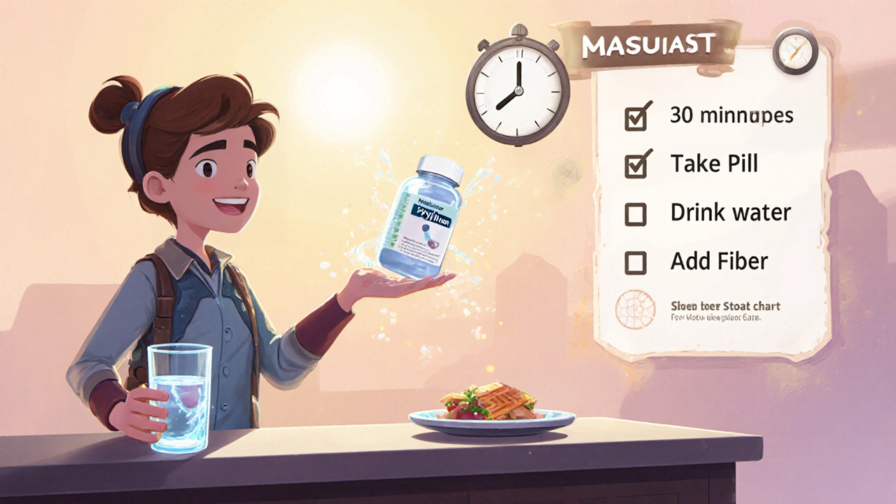 Hero follows a step‑by‑step guide: pill, water, fiber, and timing checklist.