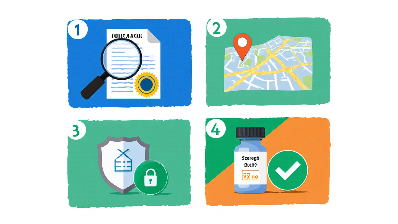 Illustrated checklist with license, address, secure payment, and medication label icons.