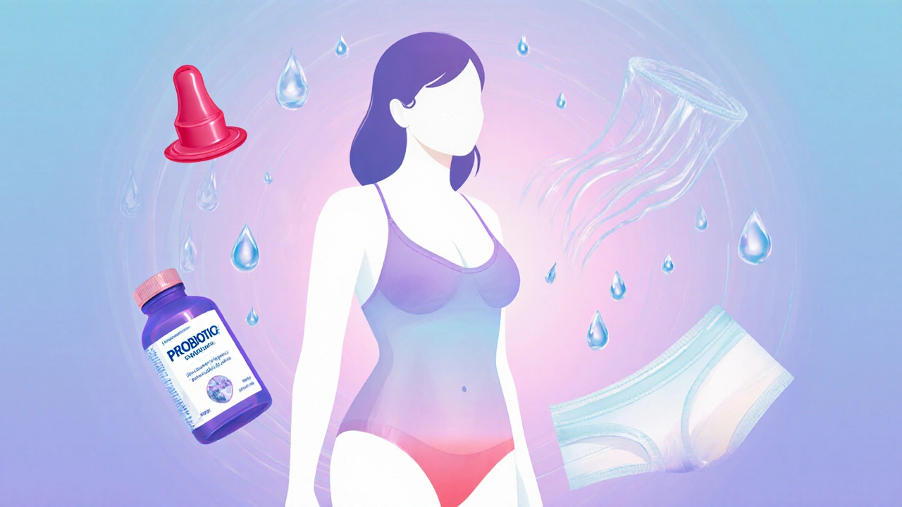 Illustration of a woman&#039;s silhouette surrounded by a condom, probiotics, water droplets, and breathable fabric.