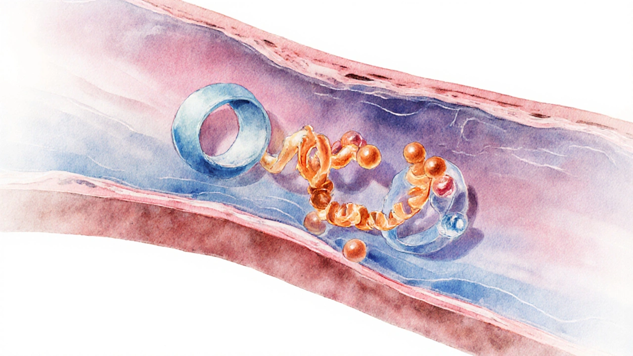 Illustration of quinapril blocking ACE enzyme, keeping artery walls relaxed.