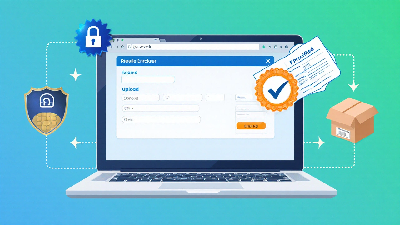 Illustration of secure online pharmacy checkout with lock and badge icons.