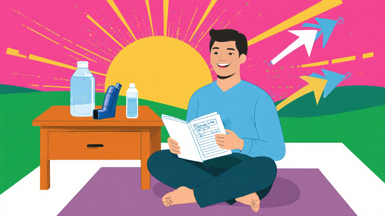 Individual reviewing a breathing log beside inhaler and yoga mat under a sunrise.