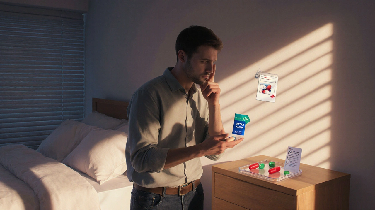 Man choosing between a single combo pill and separate pills on a nightstand.