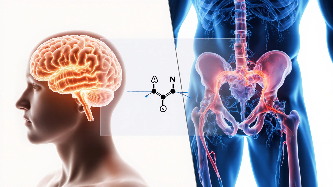 Medical illustration showing brain serotonin pathways and penile blood flow side by side.